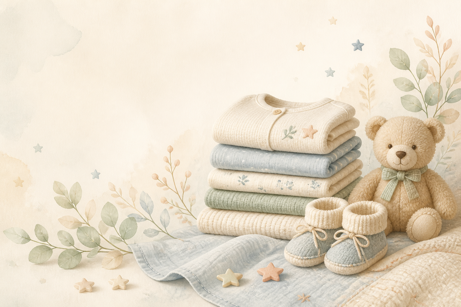Ilustrasi lembut pakaian bayi, sepatu rajut, dan boneka beruang